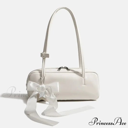 Monochrome Zipper Shoulder Bag for Women White with bow shoulder-250126