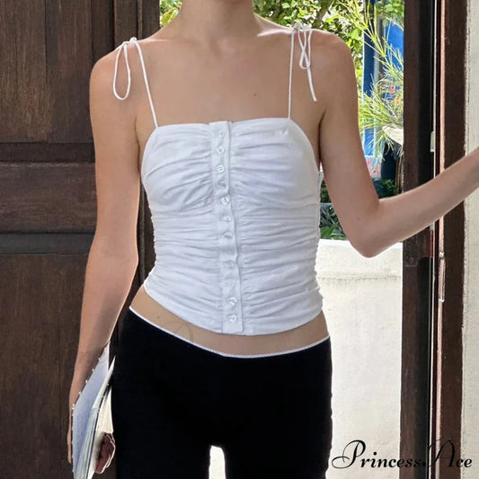 Most Adorable Open-Back Summer Ivory Tank Retro Buttons Gathered Tie-Up 2000s Crop Top croptop-250126