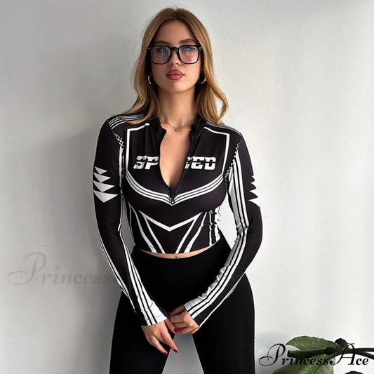 Motorcycle Zipper Printed Graphic Seductive Long Sleeve Knit Top Black / S knittop-250126
