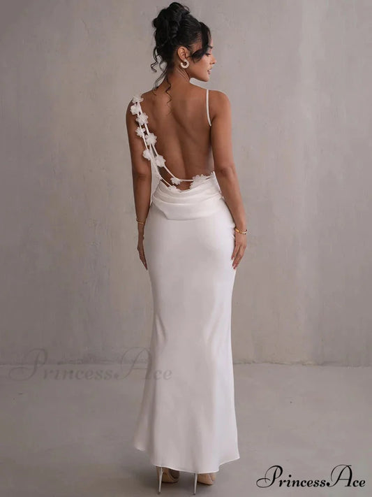 Mozision Floral Draped Backless Maxi Long Dress For Women Fashion Christmas Party Dress White / S