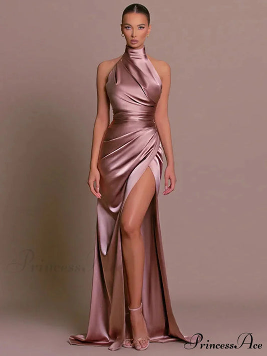 Mozision Halter Sleeveless High Split Maxi Dress For Women Fashion Christmas Party Dress