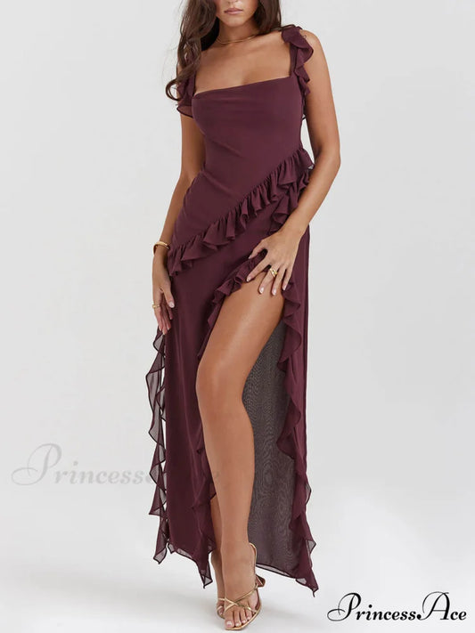 Mulberry Ruffle Stylish Maxi Dress Brick red / S