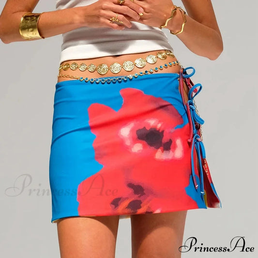 Multi-wear design Flower Pattern Mini Skirt Crop Tops Women Slim Low Waist Side Split Tie-Up Bodycon Skirt Y2K Vintage