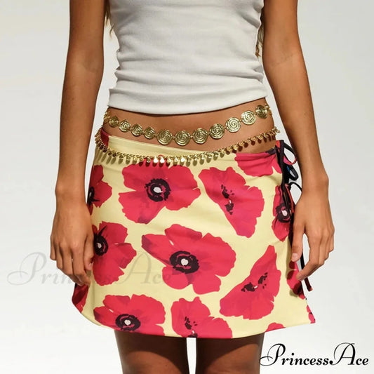 Multi-wear design Flower Pattern Mini Skirt Crop Tops Women Slim Low Waist Side Split Tie-Up Bodycon Skirt Y2K Vintage