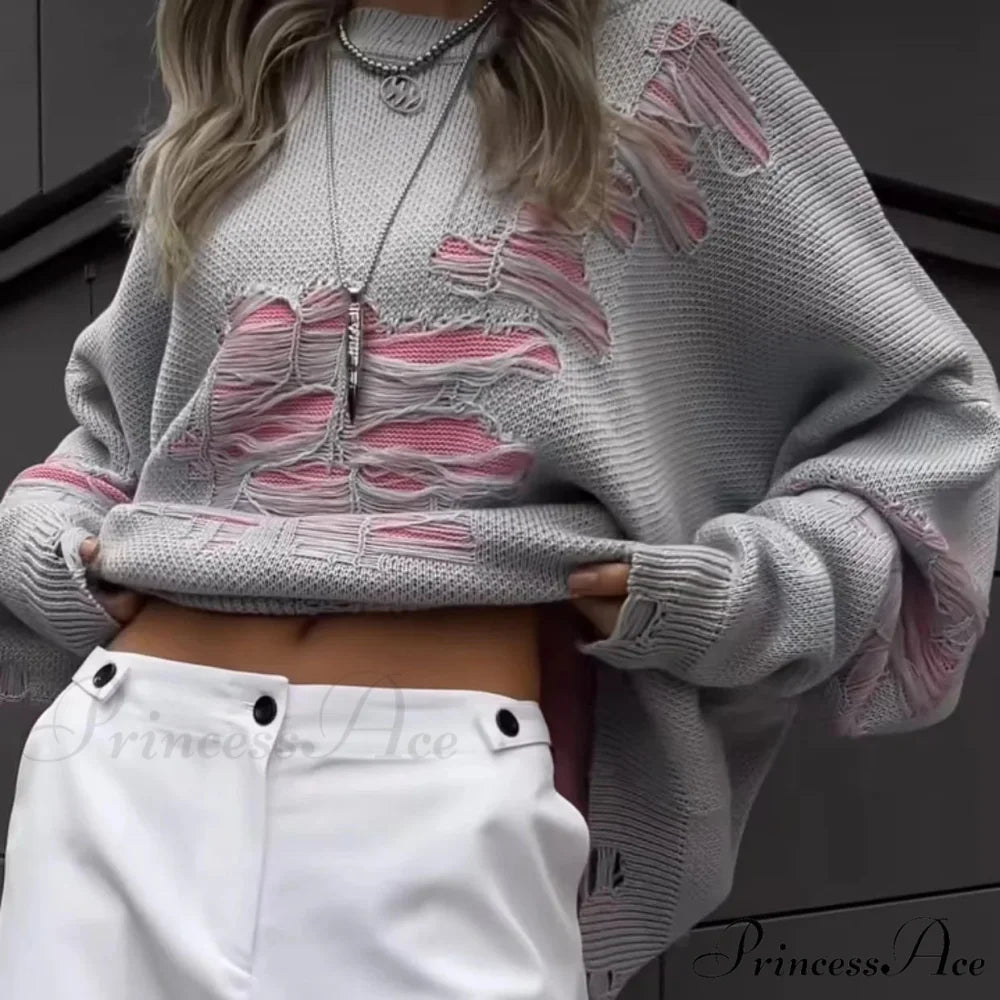 Multicolored Ripped Knit Pullover Jumper GRAY / S swraters-241228