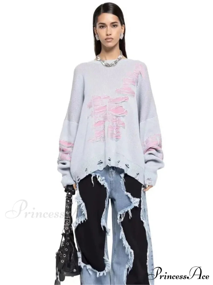Multicolored Ripped Knit Pullover Jumper swraters-241228