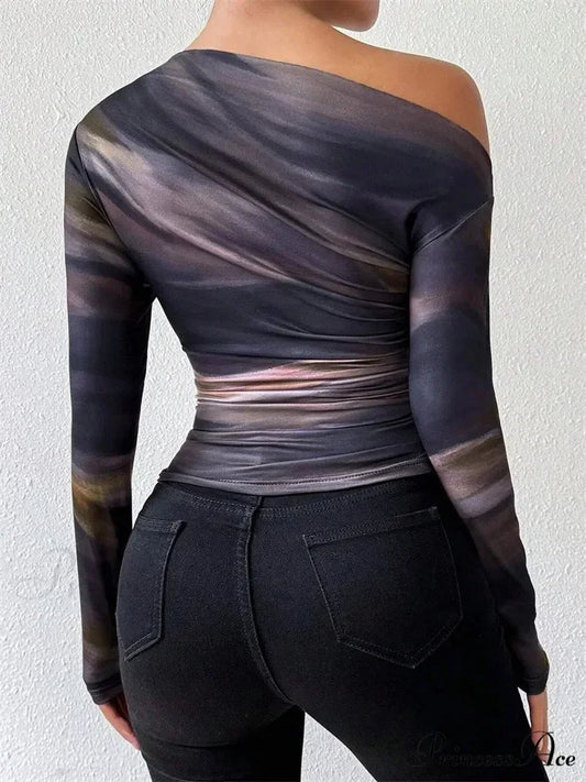 Multicolored Single Shoulder Form-Fitting Long Sleeve Knit Top knittop-250126