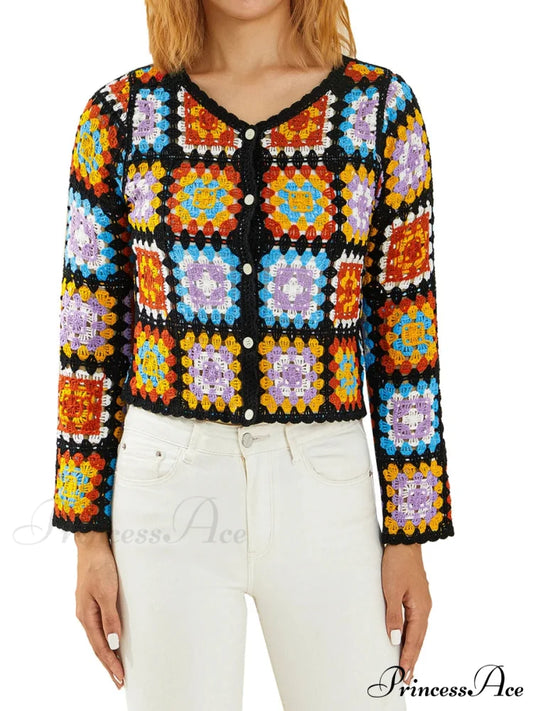 Multihued Y2K Baggy Crochet Knit Cardigan Black 2 / One Size cardiagn-250126