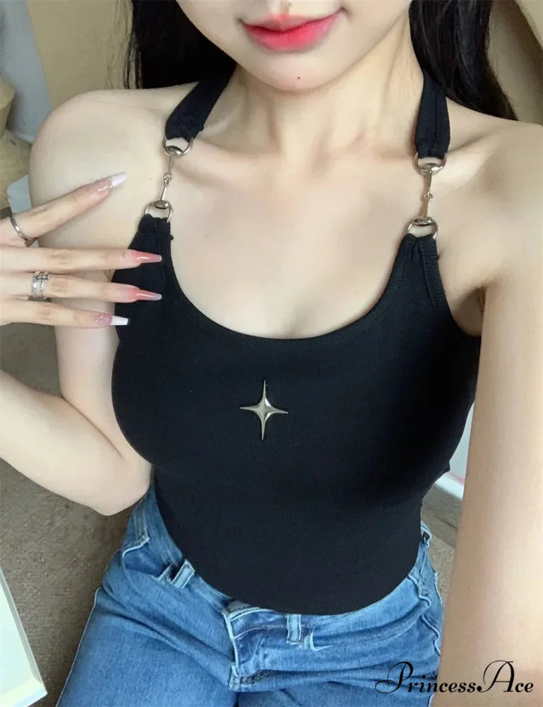 Mysterious Sexy Chain Black Cross Print Black Crop Top BLACK / S