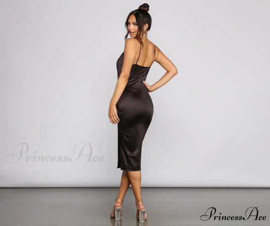 Nadine Formal Ruched Charming Satin Midi Dress