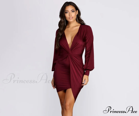 Natural Attraction Stylish Mini Knot Dress BURGUNDY / XS