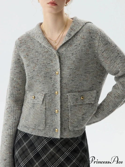 Navy Collar Sequin Flower Knit Cardigan GRAY / XS