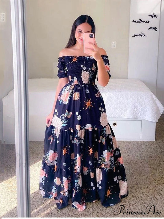 Navy Floral Short Sleeve Maxi Beach Dress