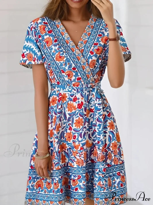 Navy Flower Pattern Cross V-neck Wrap Summer Mini Boho Dress Blue / S bohodress-250126