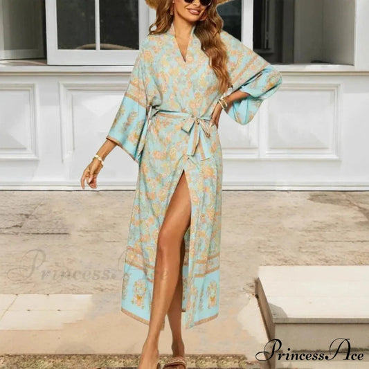 Navy Flowery Bands Bohemian Kimono Dress Blue / S bohodress-250126