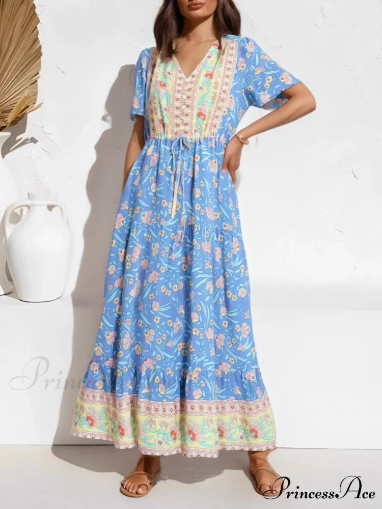Navy Flowery Frills Fringe Bohemian Dress light blue / S bohodress-250126