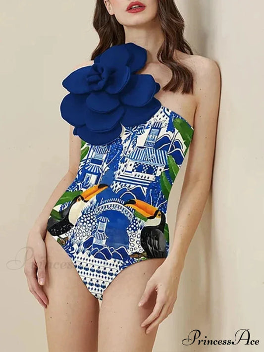 Navy Flowery Ornament Singular Bathing Suit Blue / S onepiece-250223