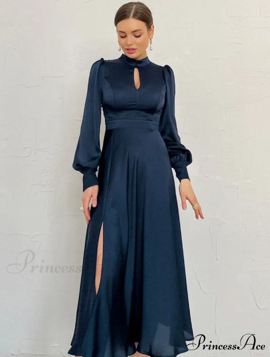 Navy Hollow Out Satin Midi Party Dress with Lantern Sleeves and Keyhole Detail