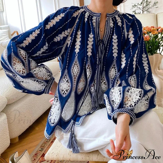 Navy Stitched Lantern Sleeve Ethnic Boho Top bohoblouse-250126