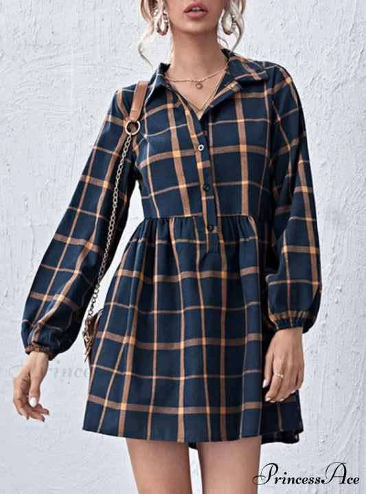 Navy V Neck Plaid Prints Buttons Casual Sweet Dress for Women