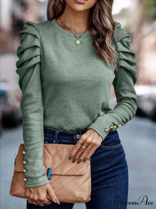 Neck Arm Puff Round Blouse Sage / S