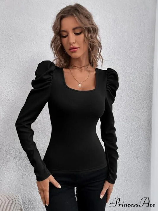 Neck Boxy Arm Puff Top Black / S