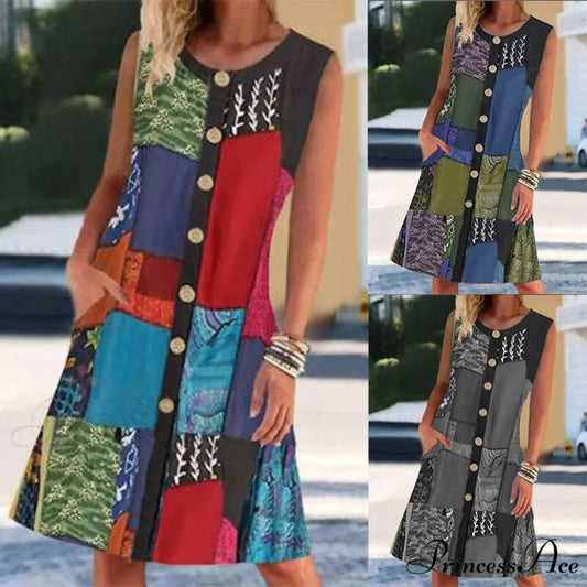 Neck Buttoned Cardigan Beach Sleeveless Dress