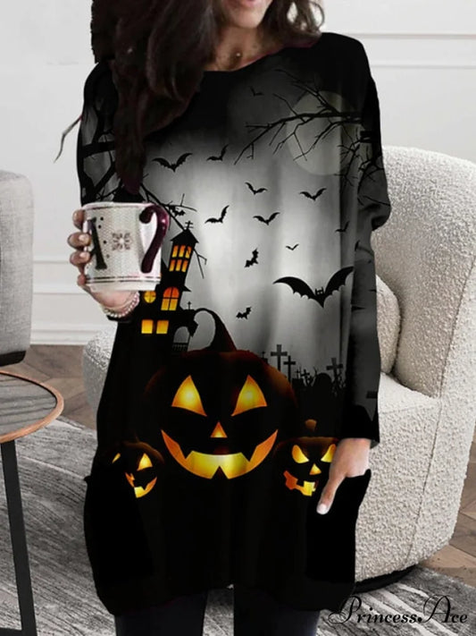 Neck Halloween Women’s Casual - Fall Crew Blouse Pumpkin - Long Loose - Gown with - Winter Fit 2024 T - Design Black