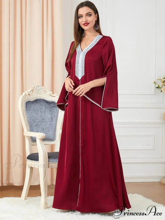 Neck Muslim Longue Full-Length Diamond India Dubai V Robe Vestidos Caftan Party Gown Abaya Women’s Prayer Largos