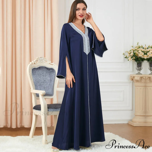 Neck Muslim Longue Full-Length Diamond India Dubai V Robe Vestidos Caftan Party Gown Abaya Women’s Prayer Largos royal
