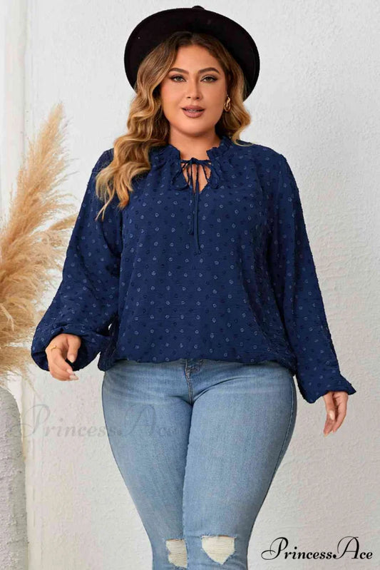 Neck Plus Size for Balloon Tie Blouse Arm Women Navy / 1XL