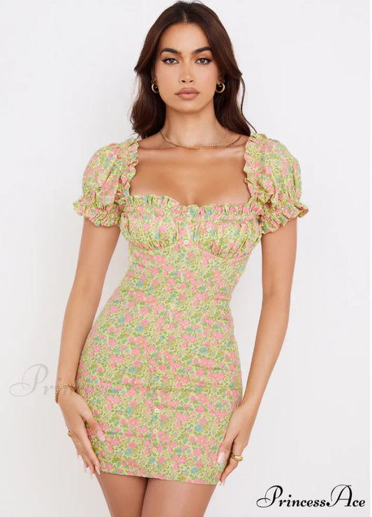 Neck Sweet Design Up Bohemian Puff Mini Frills Lace A-Line Sleeves Flowered Slash Ruffle Dress