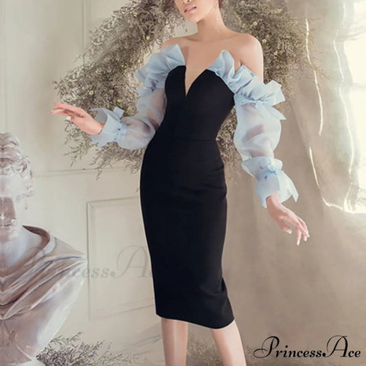 Neck V Women Patchwork Party Shoulder with Celebrity Club Runway Off Long Gown Arm Lace Ruffles Winter Style Black