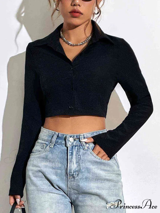 Neck with Long Blouse Arm Button Collared Up Black / S