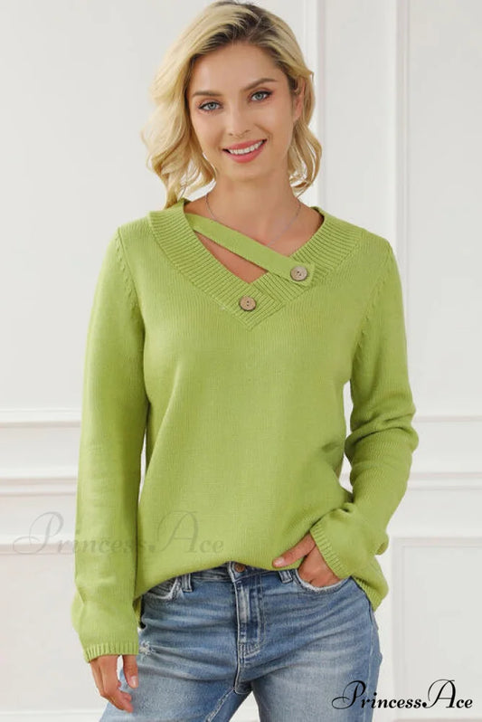 Neck with Sweater Asymmetrical Arm Long Buttons Lime / S