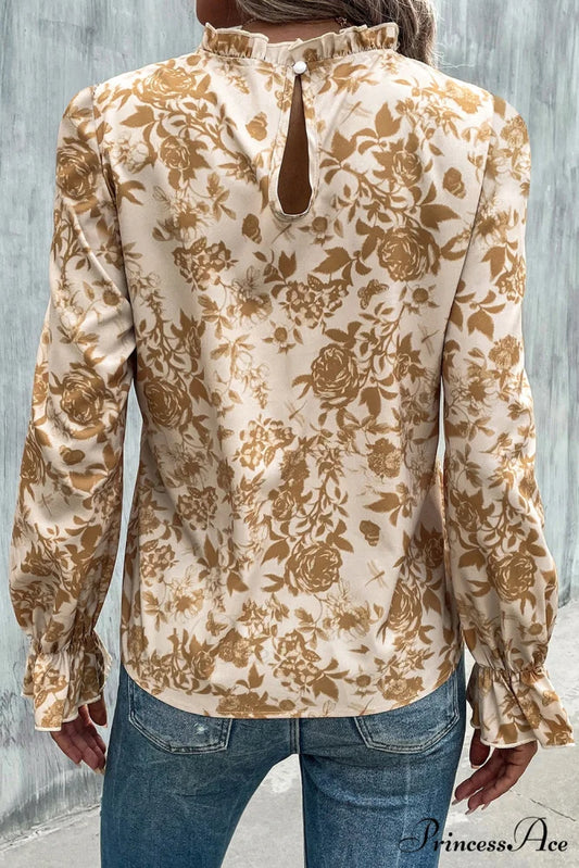 Neckline Frilled Blouse and Design Flounce with Flowered White Sleeves