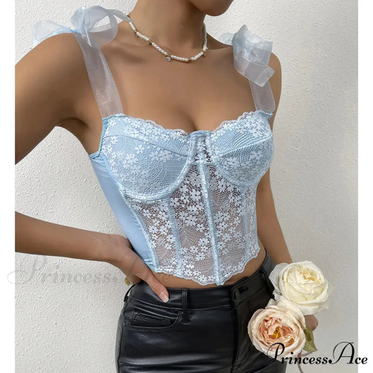 Net Bow Flower Corset Fishbone Crop Top Blue / S croptop-250126