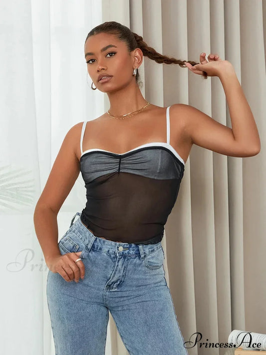 Net Gathered Hue Patch Spaghetti Strap Crop Top BLACK1 / S croptop-250126