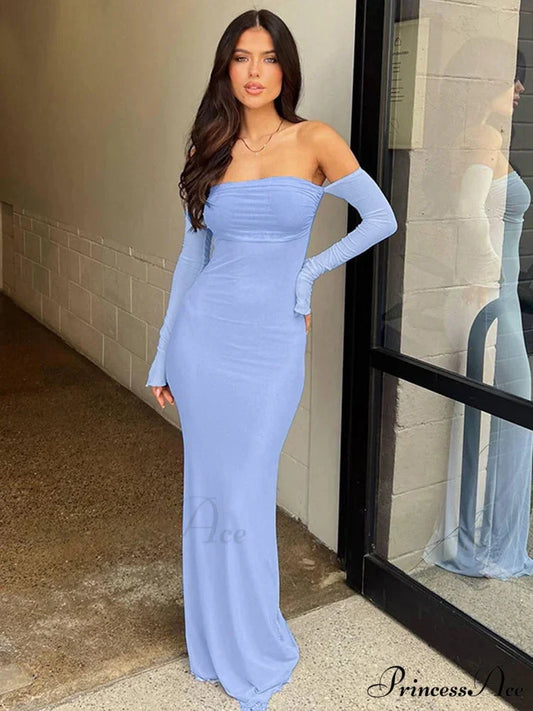 Net Slender Body-hugging Long Holiday Dress Blue / S vacationdress-250223