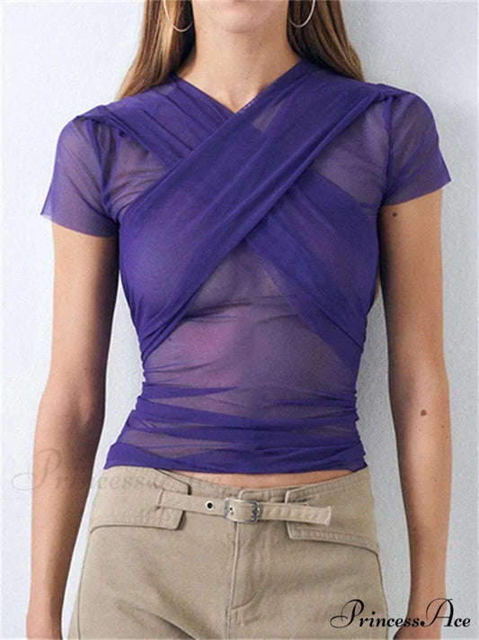 Net Transparent Criss-cross Midriff Top PURPLE / S croptop-250126