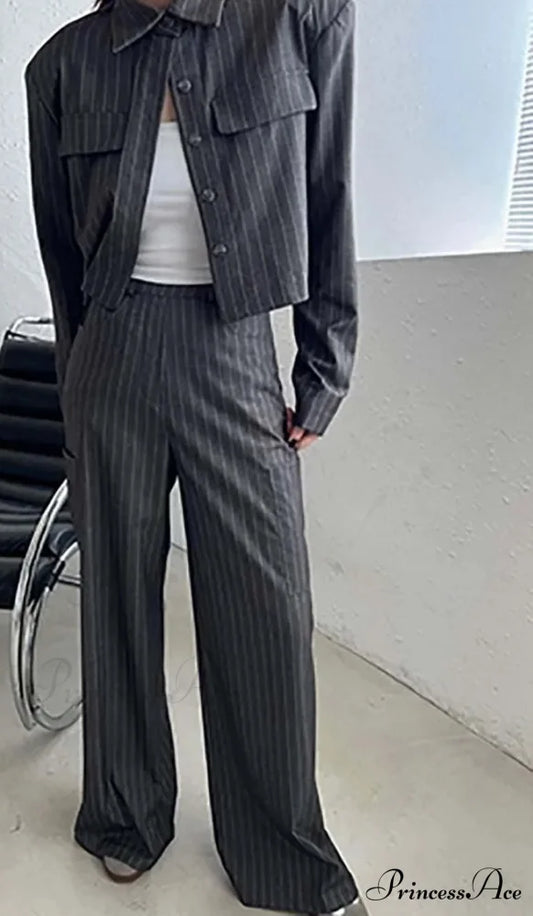 Neutral Pattern Pockets Button Trousers Work Two Piece Ensemble GRAY / S officetwopieceset-250223