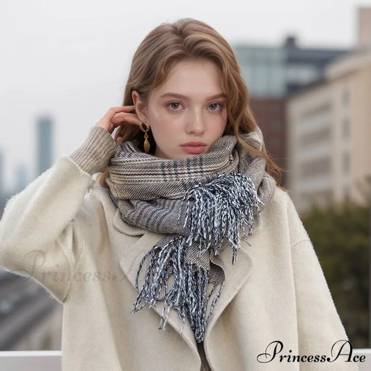 New Autumn Winter Thin Retro Tassel Plaid High-end Classic Elegant Scarf BROWN