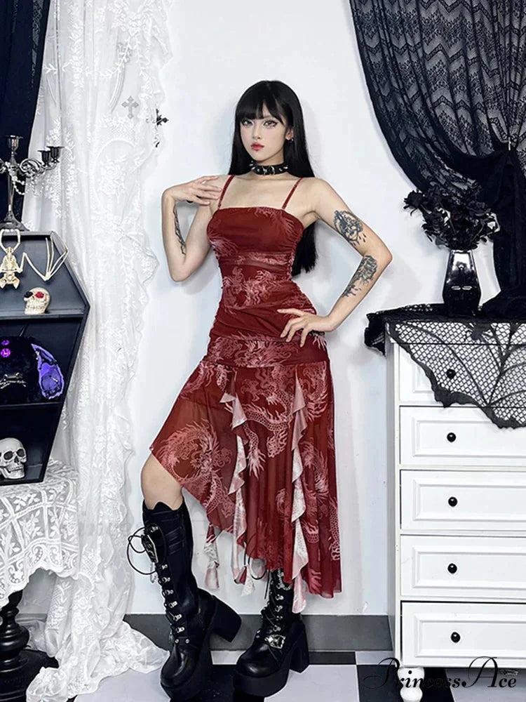 New Chinese Dragon Sexy Y2K Folds Asymmetrical Spaghetti Strap Backless Square Collar Party Dress Red / S