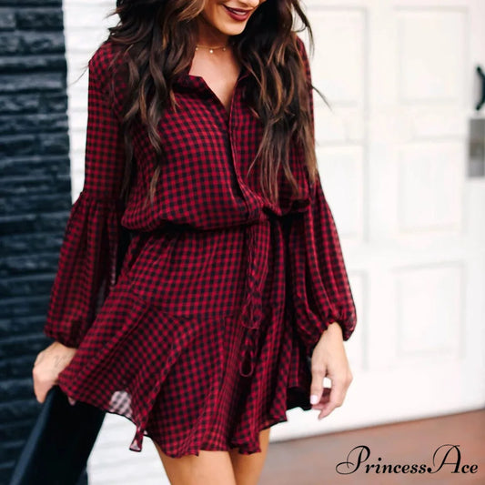 New Cotton Casual Fashion Lantern Sleeve Plaid Check Dress Red / S