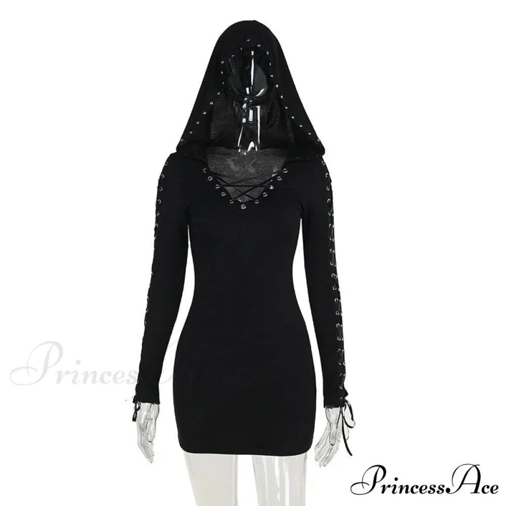 New Dark Retro Punk Street Hooded High Waist Sexy Mini Gothic Vintage Pentagram Strap Long Sleeve Dress Black / S