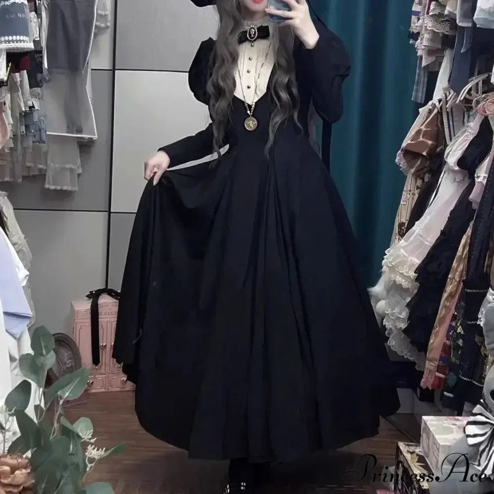 New Gothic Punk Dark Lolita Harajuku Vintage Black Long Bubble Sleeve Waist Cinched Autumn Winter Dress Black / S