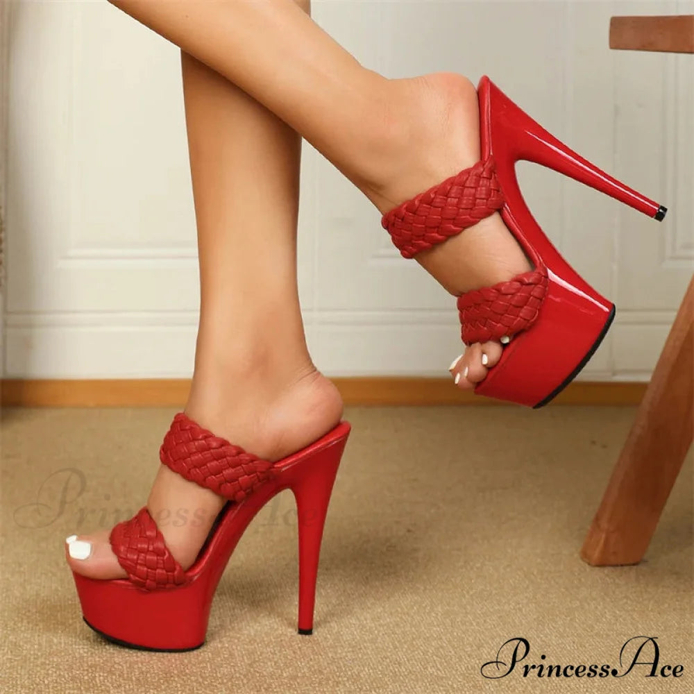 New Leather Platform Peep-Toe Stiletto Sexy Weave Big-Size Modern High Heel