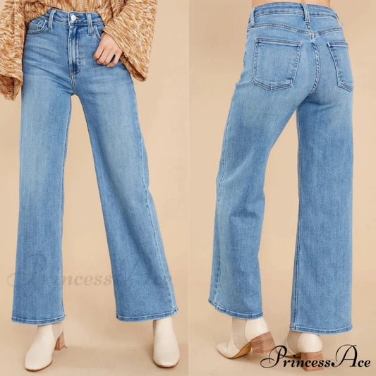 New Loose Straight Leg Casual Fashion Retro Distressed High Waist Wide Leg Cropped Denim Jean Blue / S