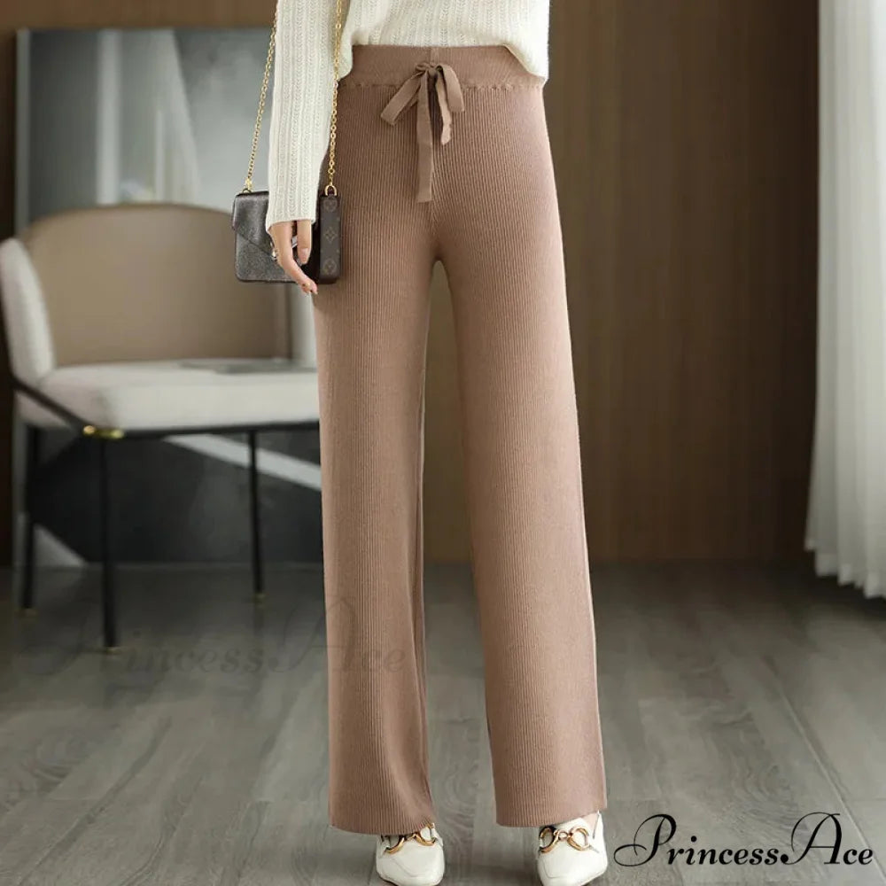 New Merino Wool Ladies High Waist Wide Leg Casual Loose Pants YELLOW / M