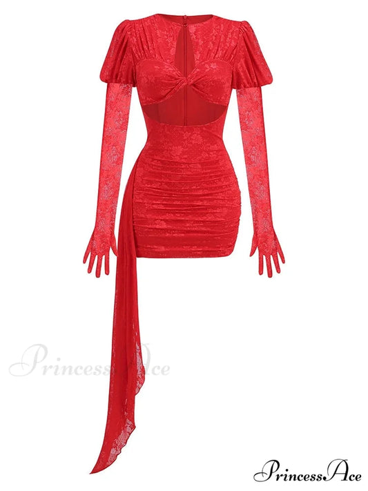 New Sexy Gloves Long Sleeves Cutout Pleated Draped Mini Christmas Party Dress Red / S